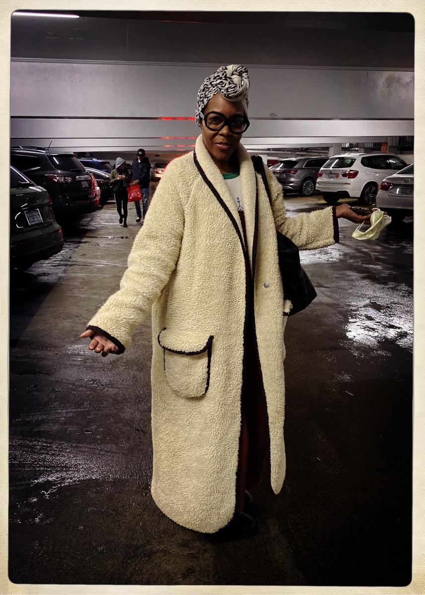 Beautiful coat, parking garage, Cedars Sinai