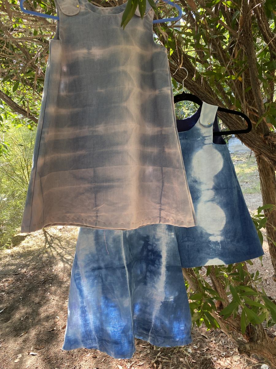 Bleached and dyed, Shibori style on cotton and linen
