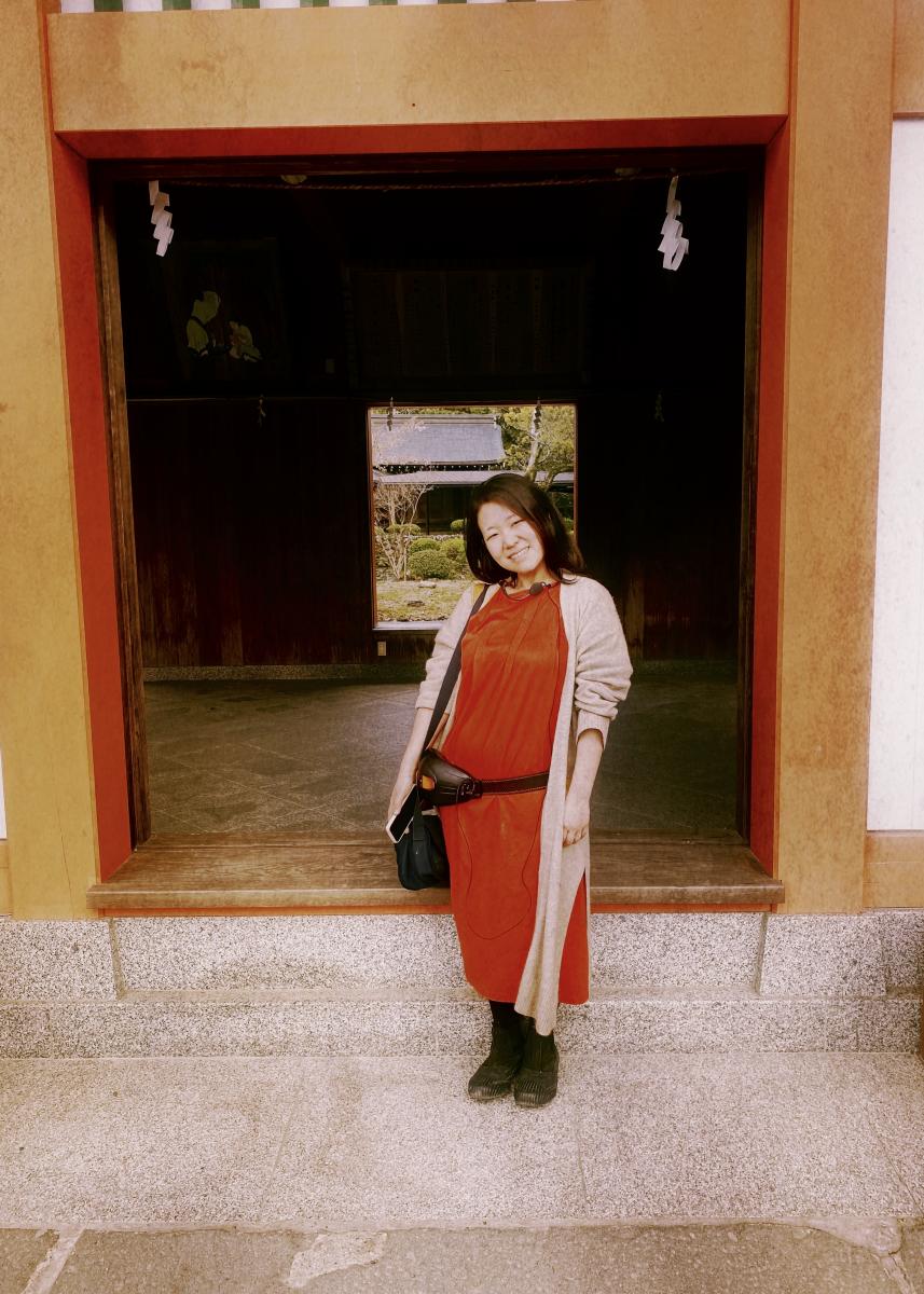 Rei in orange at Usa Shrine, Kitakyushu