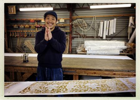 Toyokazu Ono with his latest stencil print in progress